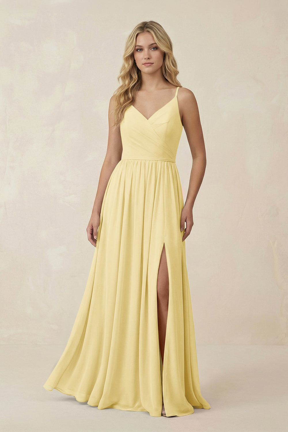 V - Neck Spaghetti Strap A - Line Chiffon Bridesmaid Dress in Pastel Yellow - SHE IS ME Bridesmaid Dresses