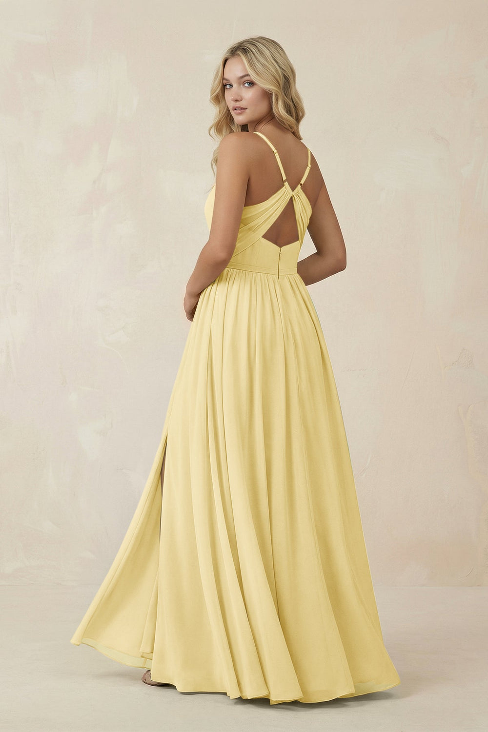 V - Neck Spaghetti Strap A - Line Chiffon Bridesmaid Dress in Pastel Yellow - SHE IS ME Bridesmaid Dresses