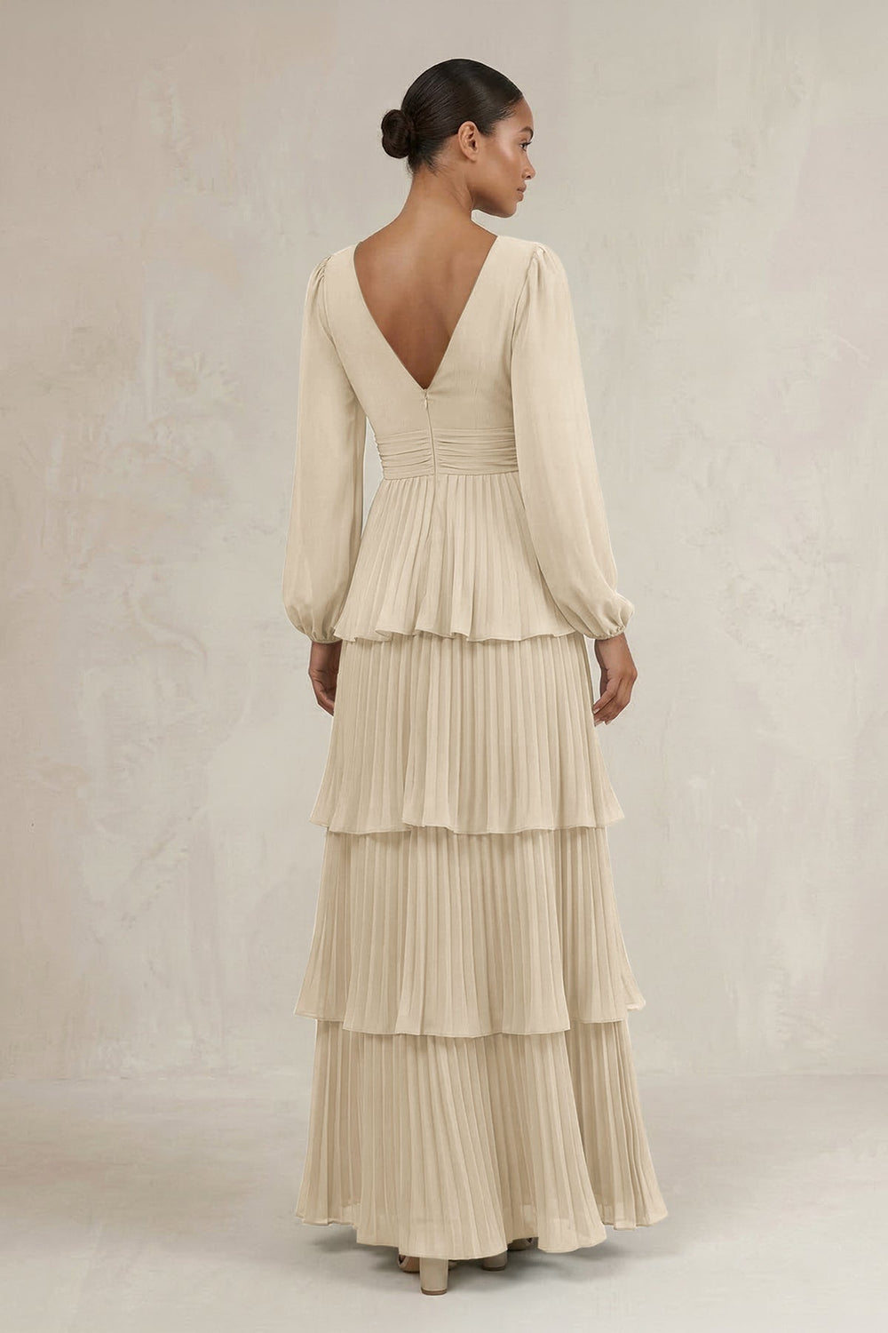 V - Neck Tiered A - Line Long Sleeve Bridesmaid Dress in Champagne - SHE IS ME Bridesmaid Dresses