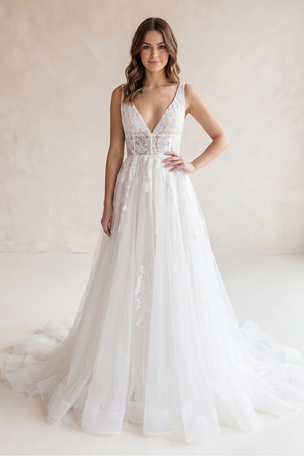 V Neck Tulle A - Line Appliqued Wedding Dress in White - SHE IS ME Wedding Dresses