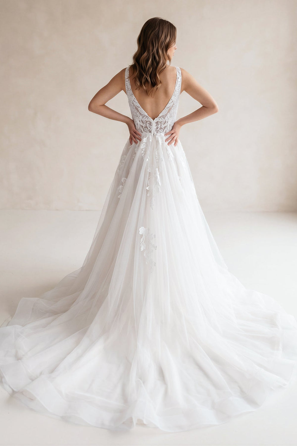 V Neck Tulle A - Line Appliqued Wedding Dress in White - SHE IS ME Wedding Dresses