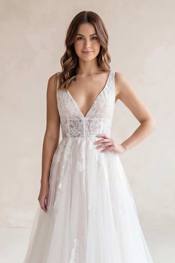 V Neck Tulle A - Line Appliqued Wedding Dress in White - SHE IS ME Wedding Dresses