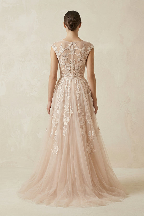 V Neck Tulle A - Line Wedding Dress With Appliques in Champagne - SHE IS ME Wedding Dresses
