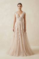 V Neck Tulle A - Line Wedding Dress With Appliques in Champagne - SHE IS ME Wedding Dresses