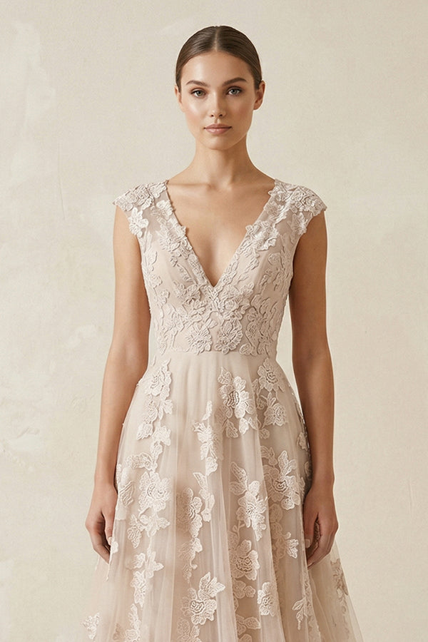 V Neck Tulle A - Line Wedding Dress With Appliques in Champagne - SHE IS ME Wedding Dresses