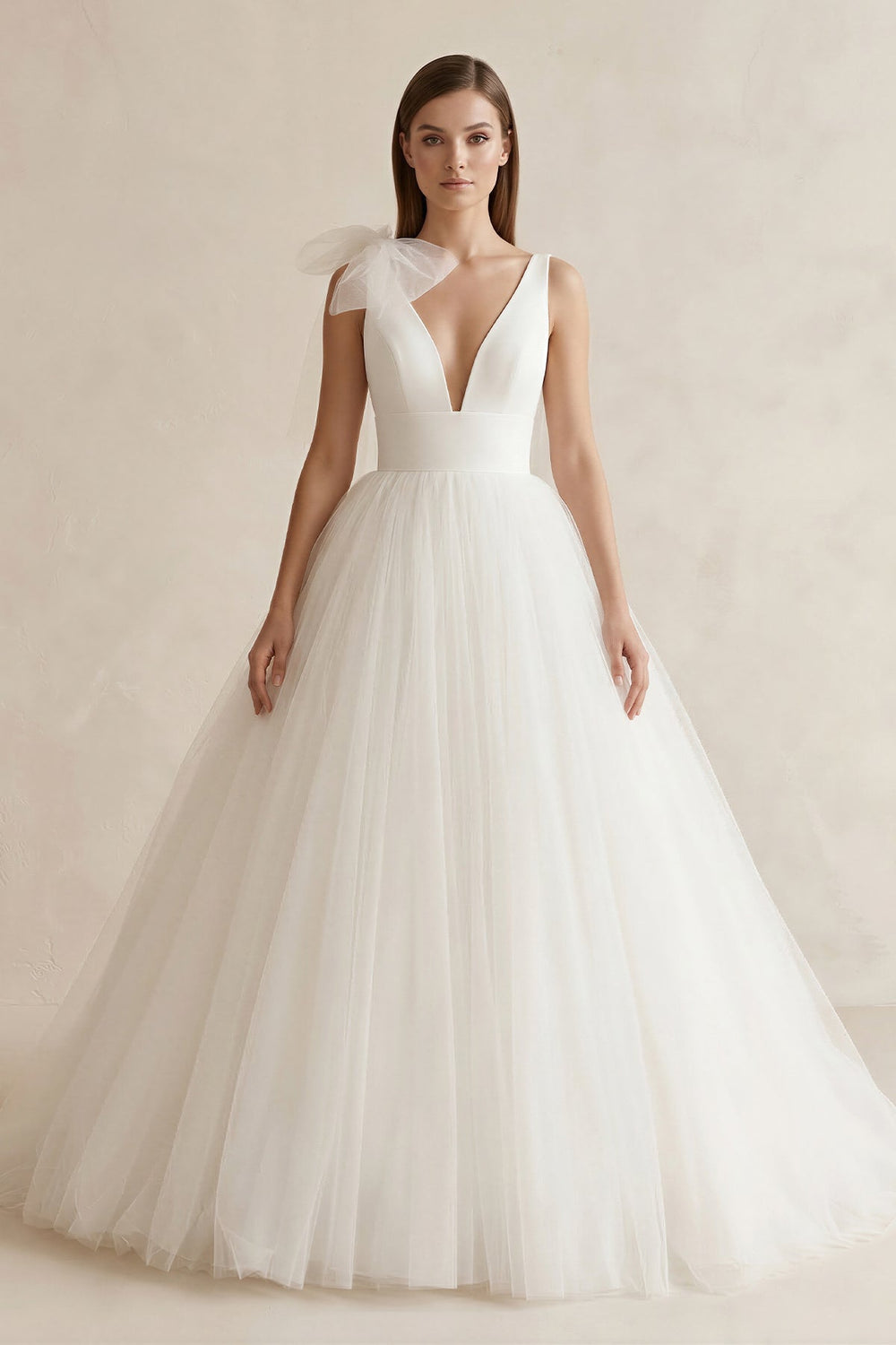 V - Neck Tulle Ball Gown Wedding Dress With Bow in White - SHE IS ME Wedding Dresses