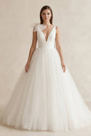 V - Neck Tulle Ball Gown Wedding Dress With Bow in White - SHE IS ME Wedding Dresses