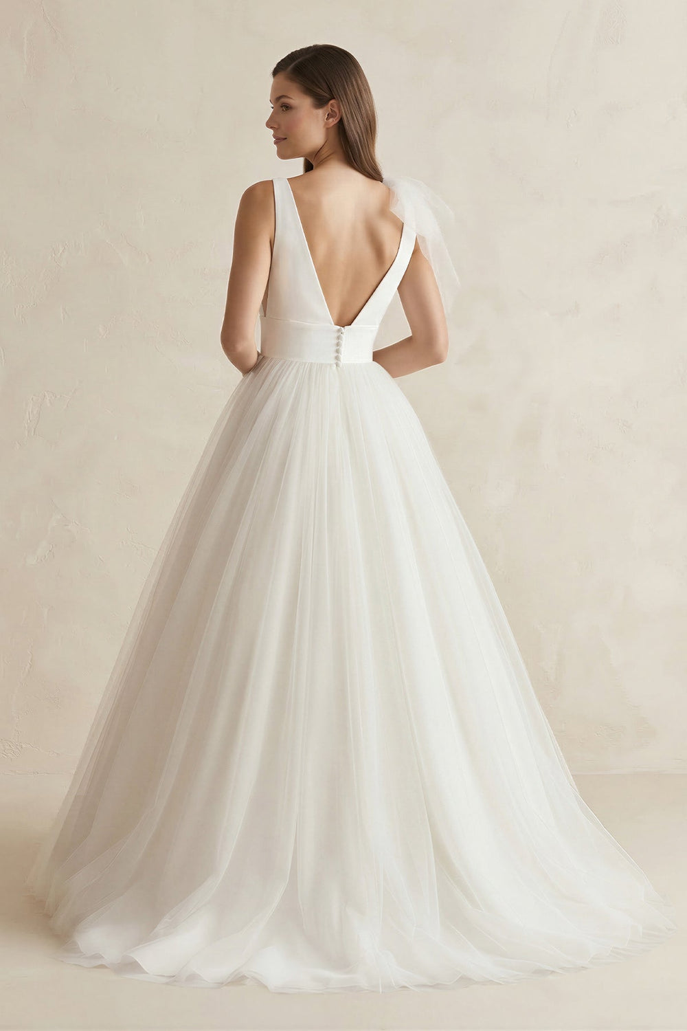 V - Neck Tulle Ball Gown Wedding Dress With Bow in White - SHE IS ME Wedding Dresses