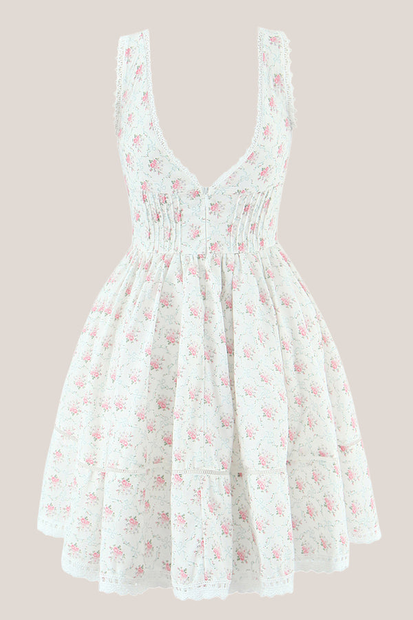 V-Neck Vintage Rose Printed Cotton Mini Dress in Ivory– SHE IS ME Dresses