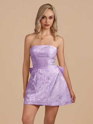 Lavender Strapless Jacquard A Line Homecoming Dress With Bowknot - SHEISME