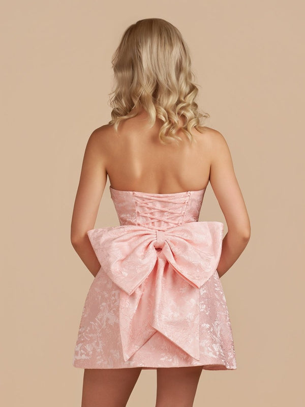 Pink Strapless Jacquard A Line Homecoming Dress With Bowknot - SHEISME