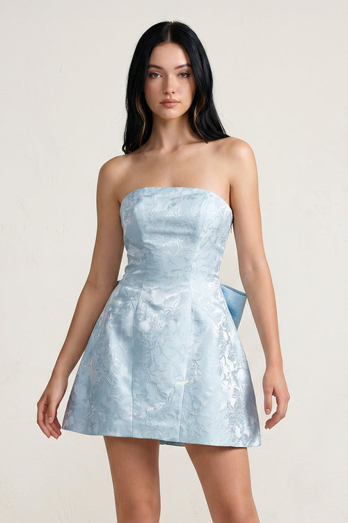 Sky Blue Strapless Jacquard A Line Homecoming Dress With Bowknot - SHEISME