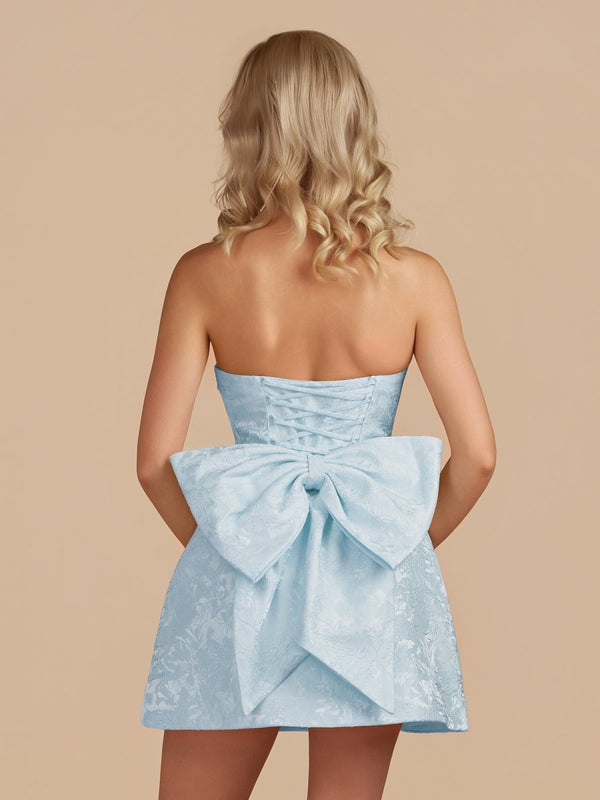 Sky Blue Strapless Jacquard A Line Homecoming Dress With Bowknot - SHEISME