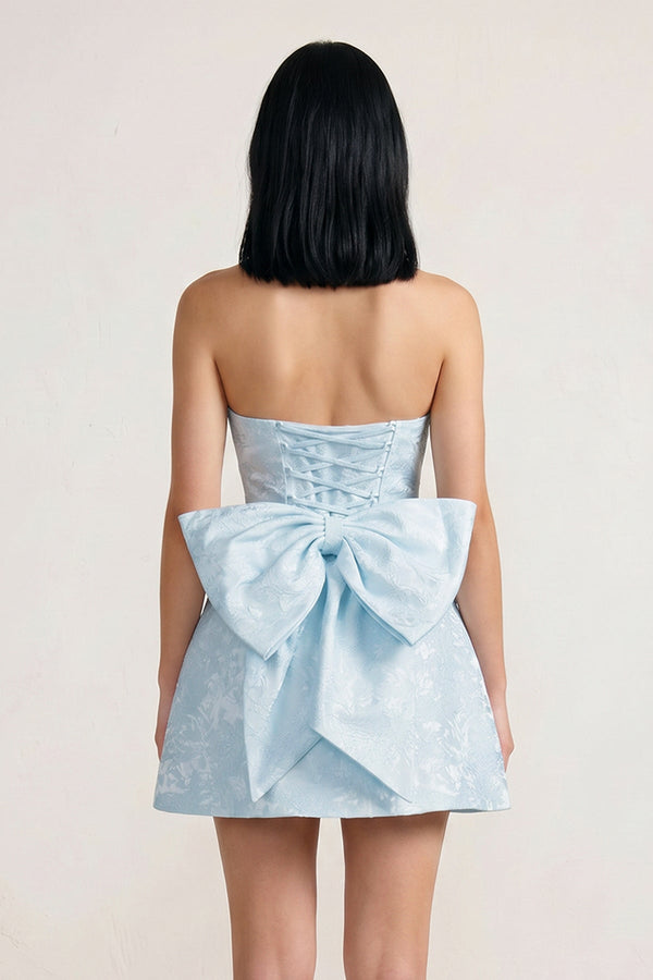 Sky Blue Strapless Jacquard A Line Homecoming Dress With Bowknot - SHEISME