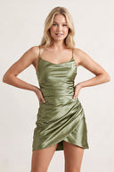 Vaya | Olive - Sheath Spaghetti Straps Pleated Satin Short Homecoming Dress | Available at SHEISME