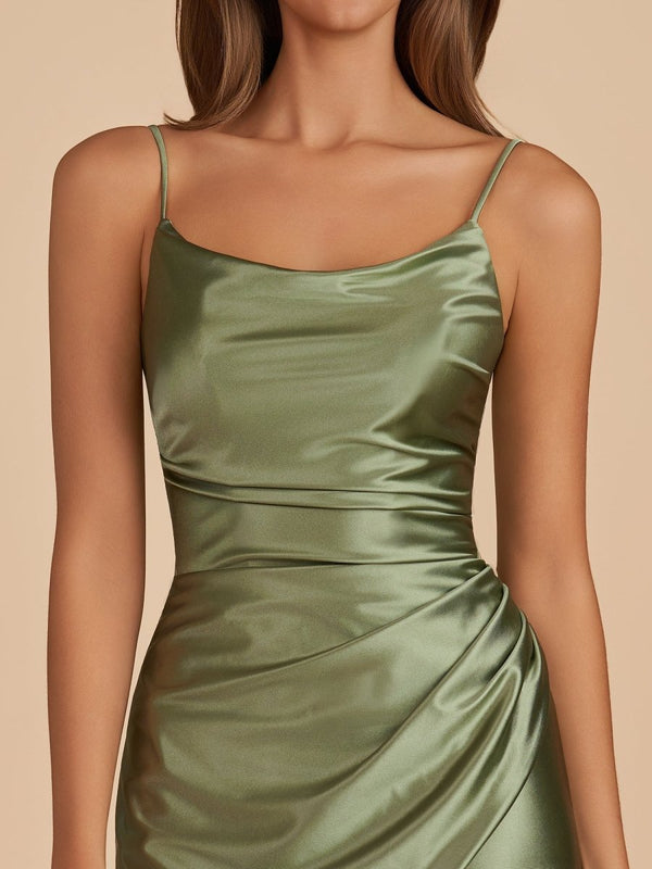 Vaya | Olive - Sheath Spaghetti Straps Pleated Satin Short Homecoming Dress | Available at SHEISME