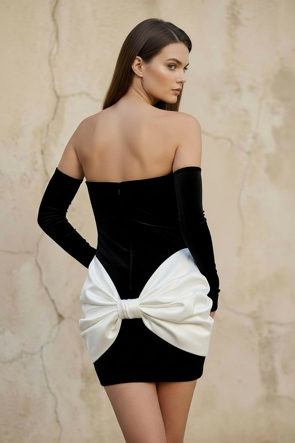Velvet Mini Dress With Bow in Black and White - SHE IS ME