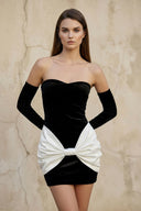 Velvet Mini Dress With Bow in Black and White - SHE IS ME