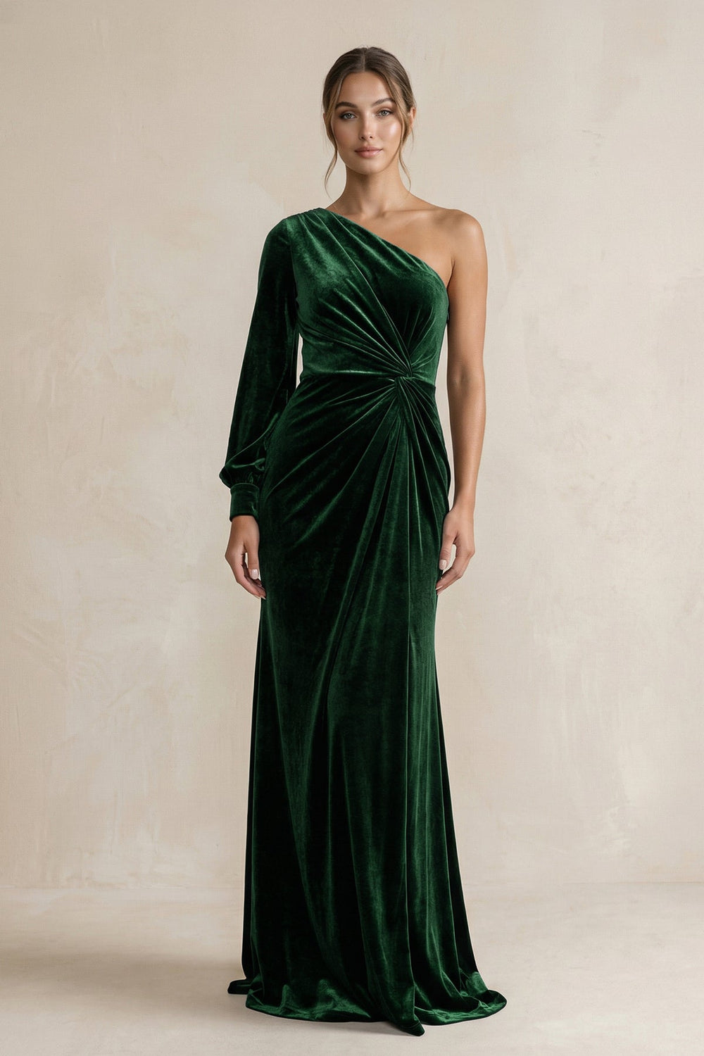 Velvet One Shoulder Sheath Long Sleeve Bridesmaid Dress in Dark Green - SHE IS ME Bridesmaid Dresses