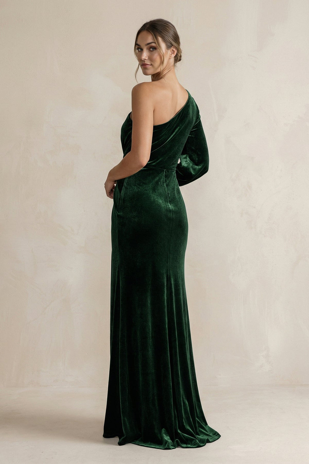 Velvet One Shoulder Sheath Long Sleeve Bridesmaid Dress in Dark Green - SHE IS ME Bridesmaid Dresses