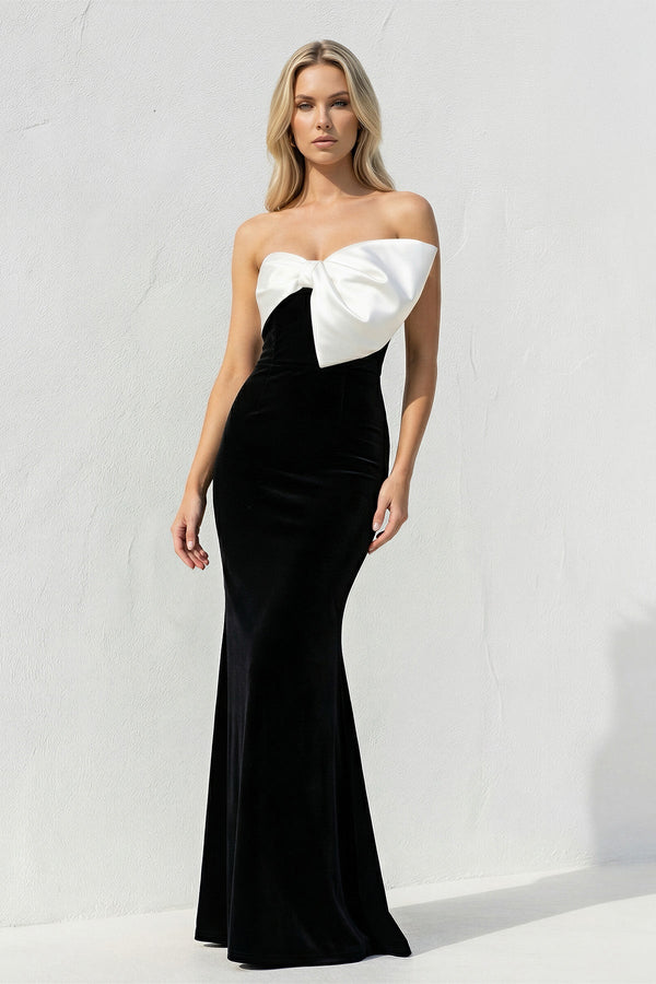 Velvet Sheath Prom Dress With Bow in Black and White - SHE IS ME PROM DRESSES