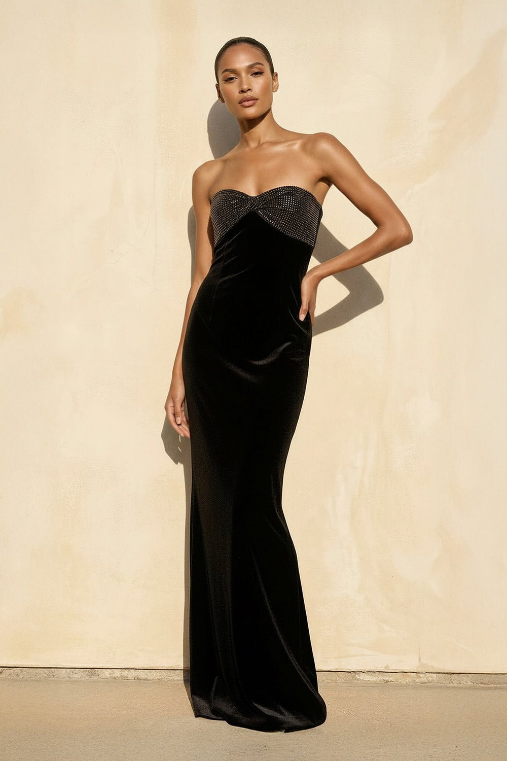 Velvet Strapless Beaded Gown in Black - SHE IS ME