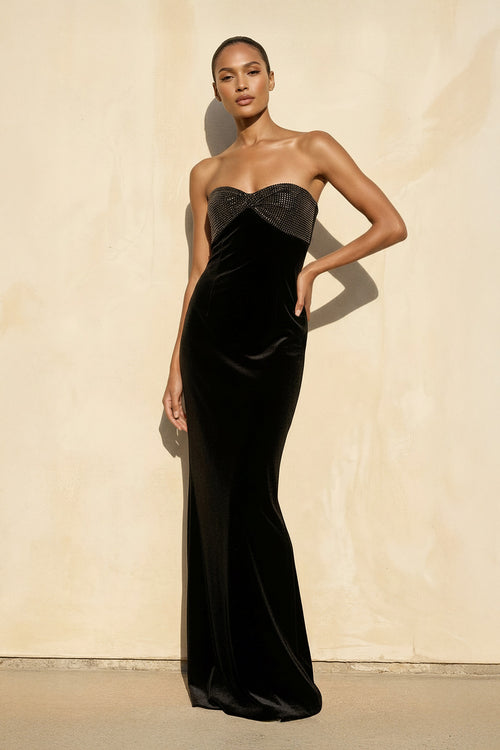 Sheisme - Velvet Strapless Beaded Gown in Black
