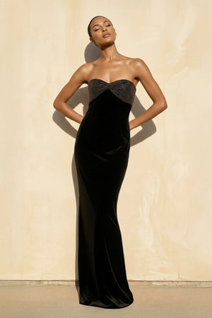 Sheisme - Velvet Strapless Beaded Gown in Black