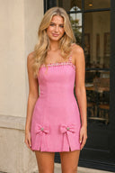 Pink Spaghetti Straps Beaded Sheath Homecoming Dress With Bows - SHEISME