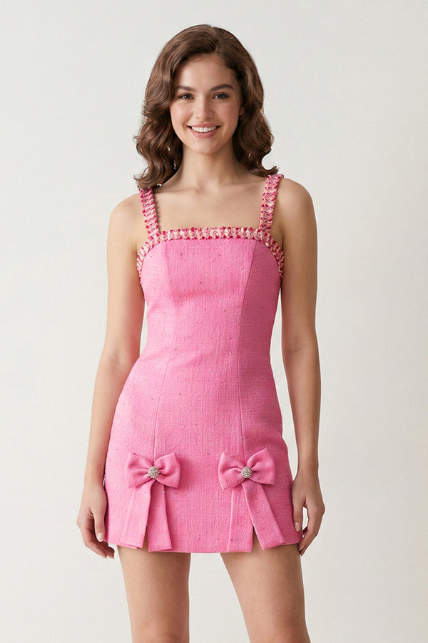 Pink Spaghetti Straps Beaded Sheath Homecoming Dress With Bows - SHEISME