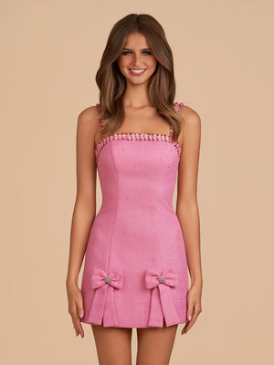 Pink Spaghetti Straps Beaded Sheath Homecoming Dress With Bows - SHEISME