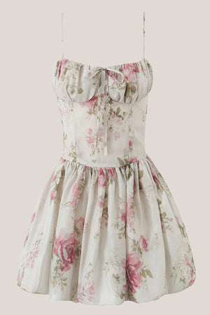 Vintage A - Line Square Rose Printed Cotton Mini Dress - SHE IS ME Dresses