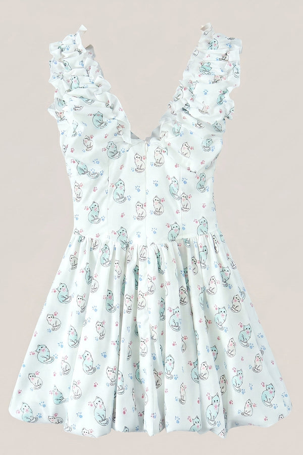 Vintage A - Line V - Neck Printed Cotton Mini Dress in White - SHE IS ME Dresses