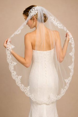 Vintage - Inspired Lace One Tier Wedding Veil Mantilla Veils in White - SHE IS ME Wedding Veils