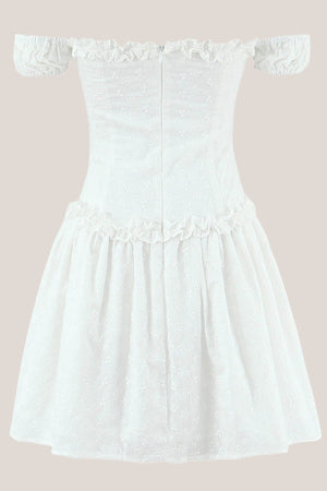 Vintage Off - the - shoulder A - Line Cotton Mini Dress in White - SHE IS ME Dresses