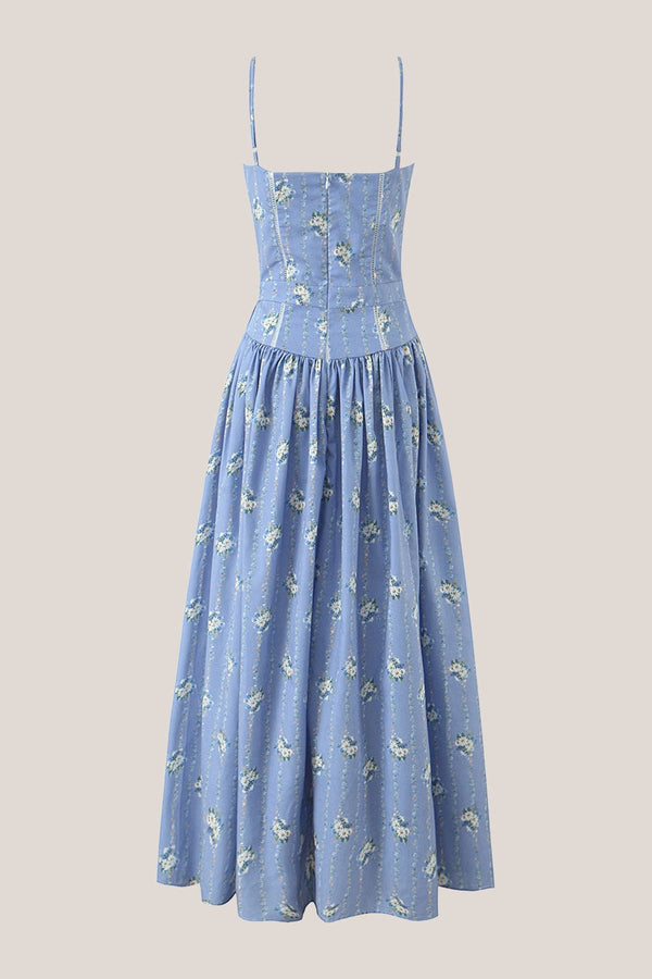 Vintage Rose Printed A - Line Cotton Midi Dress in Blue - SHE IS ME Dresses