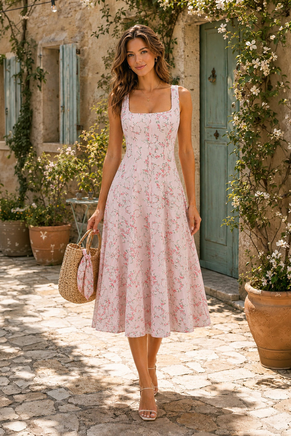 Vintage Rose Printed Square Neck A - Line Cotton Midi Dress in Pink - SHE IS ME Dresses