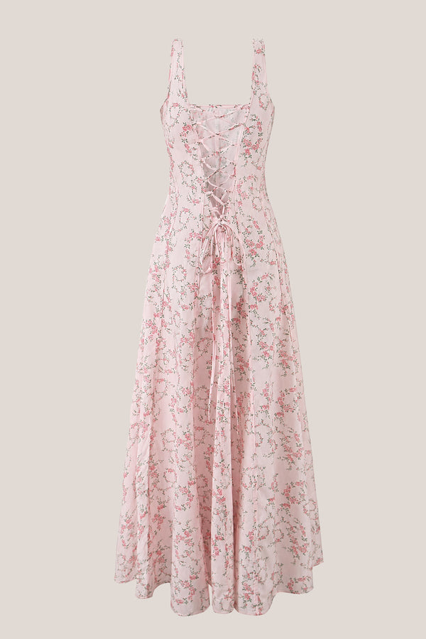 Vintage Rose Printed Square Neck A - Line Cotton Midi Dress in Pink - SHE IS ME Dresses