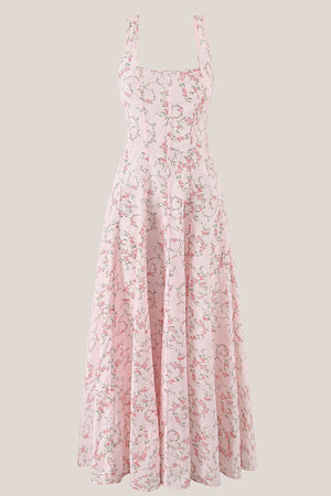 Vintage Rose Printed Square Neck A - Line Cotton Midi Dress in Pink - SHE IS ME Dresses