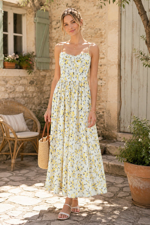 Vintage Rose Printed Sweetheart A - Line Cotton Midi Dress in Yellow - SHE IS ME Dresses