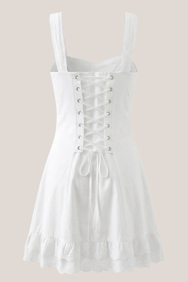 Vintage Sheath Spaghetti Strap Lace Cotton Mini Dress in White - SHE IS ME Dresses