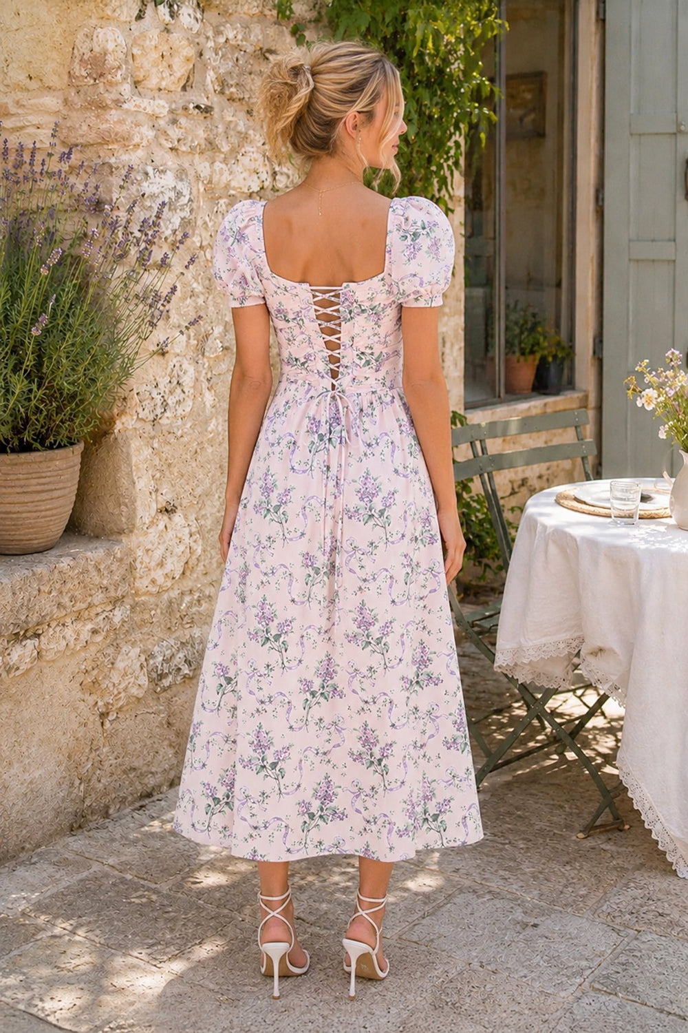 Vintage Square Neck A - Line Rose Printed Cotton Midi Dress in Pink - SHE IS ME Dresses