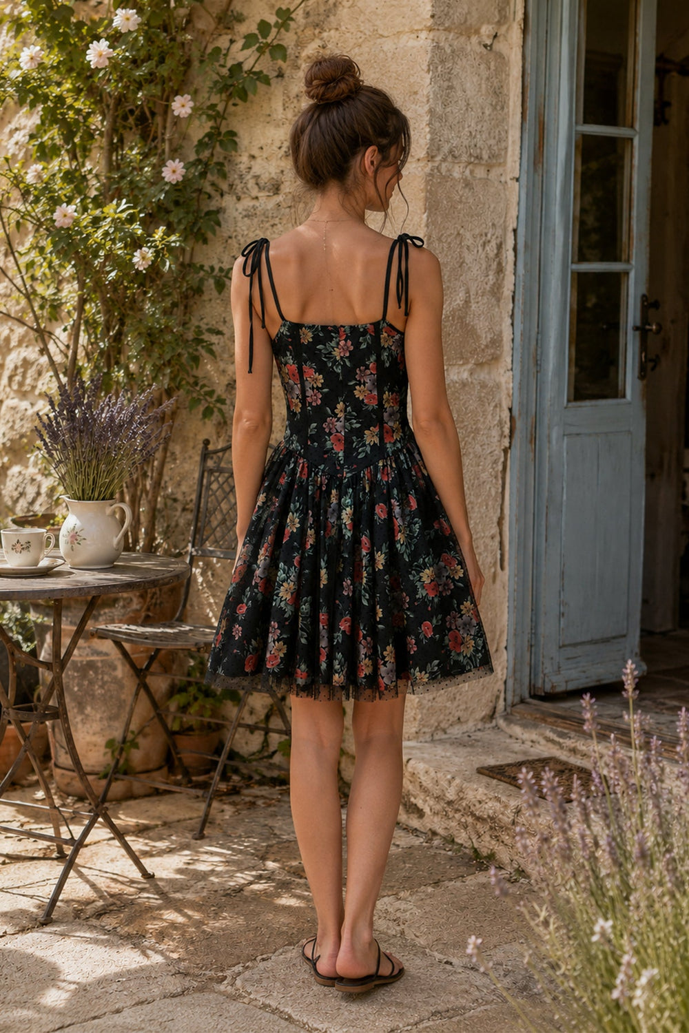 Vintage Square Neck Rose Printed Cotton Mini Dress in Black - SHE IS ME Dresses