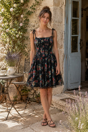 Vintage Square Neck Rose Printed Cotton Mini Dress in Black - SHE IS ME Dresses