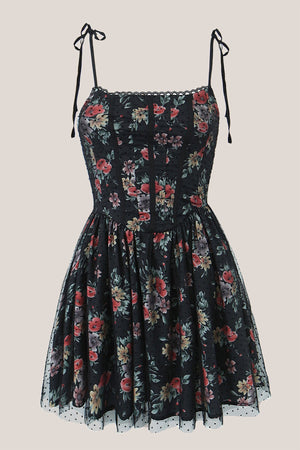 Vintage Square Neck Rose Printed Cotton Mini Dress in Black - SHE IS ME Dresses