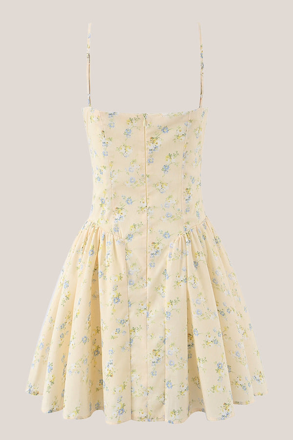 Vintage Sweetheart A - Line Rose Printed Cotton Mini Dress in Yellow - SHE IS ME Dresses