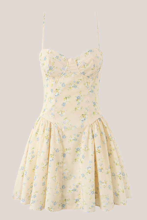 Vintage Sweetheart A - Line Rose Printed Cotton Mini Dress in Yellow - SHE IS ME Dresses