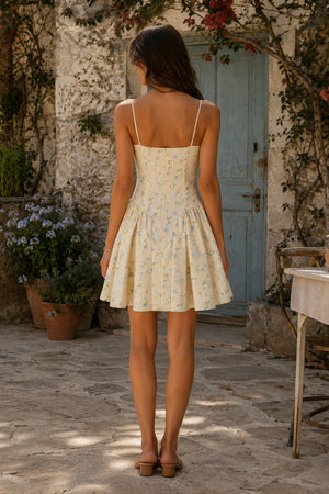 Vintage Sweetheart A - Line Rose Printed Cotton Mini Dress in Yellow - SHE IS ME Dresses