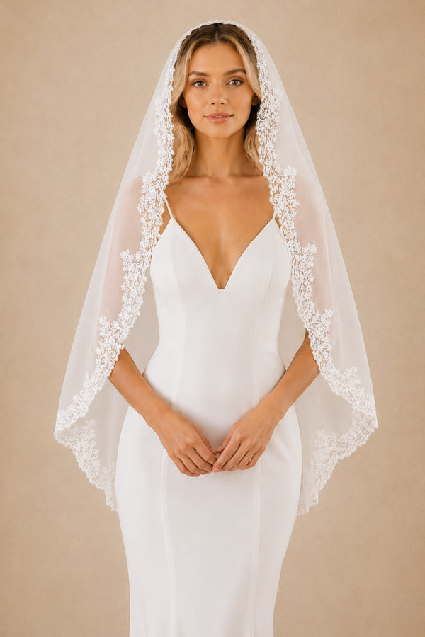Vintage Tulle Handmade Appliques Hip Veil Wedding Veils With Lace in White - SHE IS ME Wedding Veils