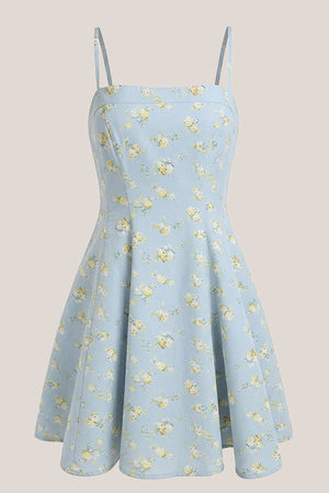 Warm A - Line Rose Printed Cotton Mini Dress in Blue - SHE IS ME Dresses